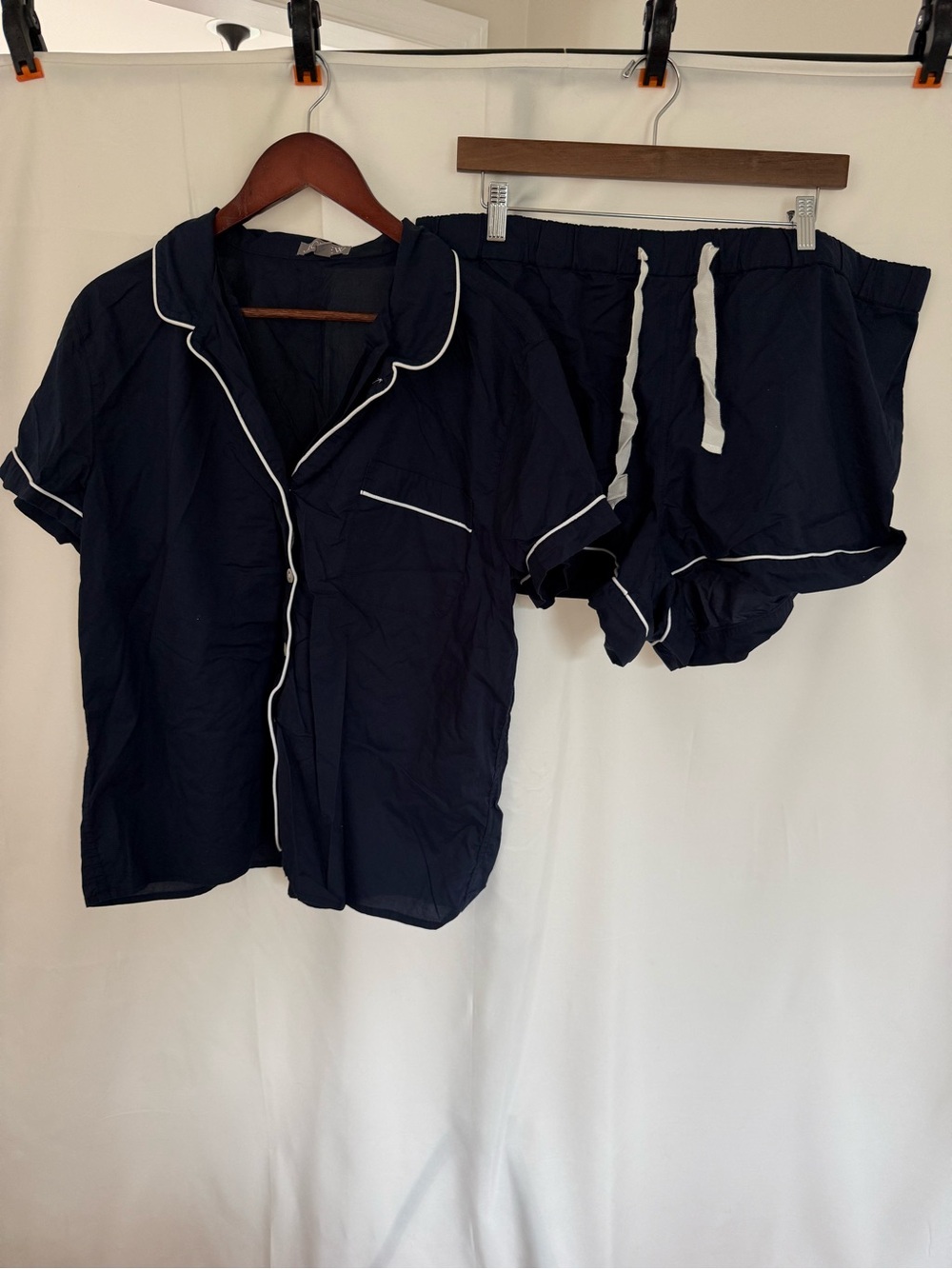 J. Crew Navy Short Sleeve Pajama Set with White Piping